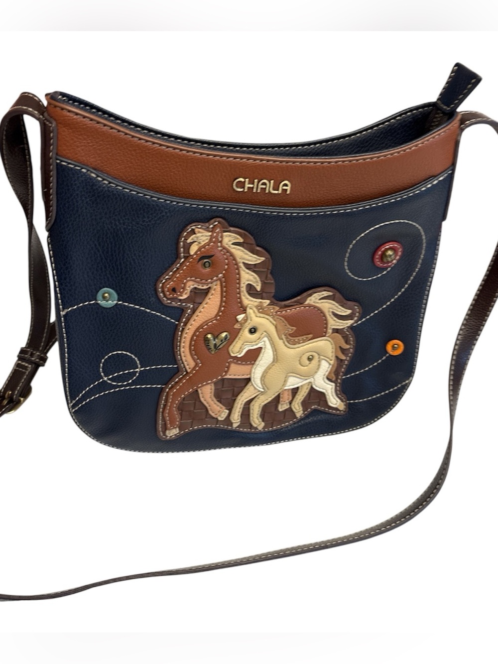 Chala Horse Appliqué Crossbody Bag zip close adj strap inside pockets